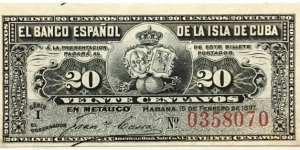 20 Centavos (El Banco Espanol de la Isla de Cuba - 1897) Banknote