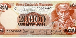 20.000 Cordobas (Overprint on 20 Cordobas Note) Banknote