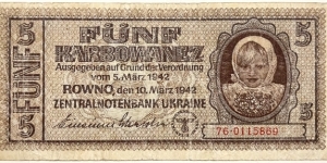 5 Karbovanets(Nazi occupation 1942)  Banknote