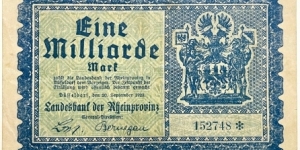 1.000.000.000 Mark (Landesbank of the Rhine Province - Weimar Republic 1923)  Banknote