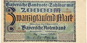 20.000 Mark (Regional Issue / Bavarian Note Issuing Bank-Weimar Republic 1923)  Banknote