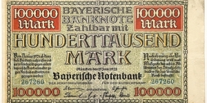 100.000 Mark (Regional Issue / Bavarian Note Issuing Bank-Weimar Republic 1923)  Banknote
