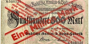 1.000.000 Mark Overprinted on 1922 / 500 Mark note (BASF - Baden Aniline and Soda Factory / Weimar Republic 1923) Banknote