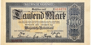 1000 Mark (Regional Issue / Bavarian Note Issuing Bank-Weimar Republic 1922)  Banknote