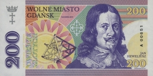 Gdańsk 200 Złotych - Jan Heweliusz. Private issue, souvenir, non-negotiable. Banknote