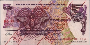 5 Kina Specimen note. PNG formally administered by Australia, Independence 1975 Banknote