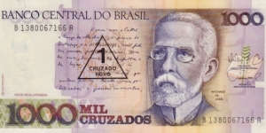 P-216b (1 Cruzado Novo overprint on 1000 Cruzados) Banknote