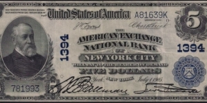 $5 American Exchange National Bank, New York City Banknote