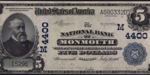 $5 National Bank of Monmouth Illinois. Banknote