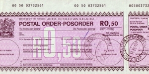 South Africa 1984 50 Cents postal order.

Issued at Jan Smuts Airport, Johannesburg (Transvaal). Banknote