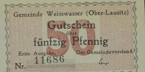 50 Pfennig - Notgeld. Weisswasser (Weißwasser/Oberlausitz) Banknote