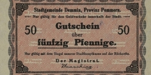 50 Pfennig - Notgeld.  Demmin.  Banknote