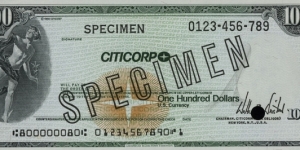 100 Dollars - CITICORP Travelers Check Specimen. Banknote