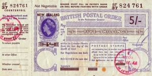 New Zealand 1967 5 Shillings postal order.

Issued at Wellesley St. (Auckland).

Last day of issue before Decimal Currency Day. Banknote