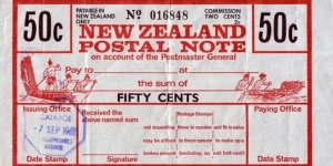 New Zealand 1967 50 Cents postal note.

Issued at Kaiapoi Telephone Branch. Banknote