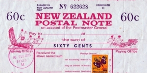 New Zealand 1973 60 Cents postal note.

Issued at Invercargill. Banknote