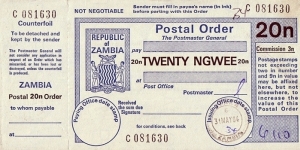 Zambia 1984 20 Ngwee postal order.

Issued at Lusaka. Banknote