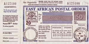 Kenya 1968 50 Cents postal order.

Issued at Westlands, Nairobi. Banknote