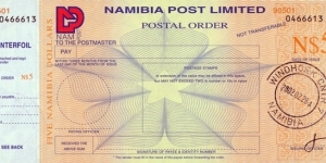 Namibia 2002 5 Dollars postal order.

Issued at Windhoek Central. Banknote