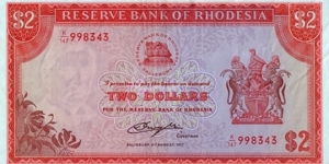 Rhodesia 1977 2 Dollars. Banknote