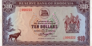 Rhodesia 1979 10 Dollars.

Low serial number. Banknote