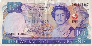 New Zealand 1990 10 Dollars.

CWB = Countrywide Bank. Banknote