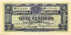 20 Centavos (Companhía de Moçambique / Beira 1933 / consecutive series 1 of 2 - 274 489) Banknote