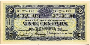 20 Centavos (Companhía de Moçambique / Beira 1933 / consecutive series 2 of 2 - 274 490) Banknote