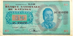 20 Francs (Katanga 1960 / Series 09 06 90) Banknote