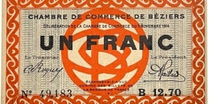 1 Franc (Chambre de Commerce de Beziers 1914)  Banknote