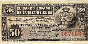 50 Centavos (El Banco Espanol de la Isla de Cuba - 1896)  Banknote