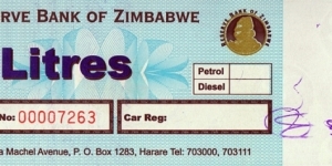 Zimbabwe N.D. (2009) 5 Litres fuel coupon. Banknote