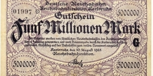 5.000.000 Mark (Deutsche Reichsbahn / Karlsruhe)  Banknote