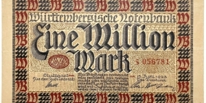 1.000.000 Mark (Regional Issue / Wurttemberg Note Issuing Bank / Weimar Republic 1923)  Banknote