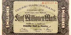 5.000.000 Mark (Regional Issue / Saxony Note Issuing Bank of Dresden / Weimar Republic 1923)  Banknote