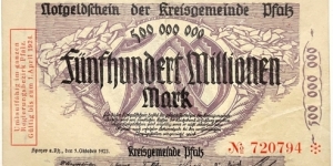 500.000.000 Mark (Local Issue / Palatinate District municipality / Weimar Republic 1923)  Banknote