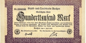 100.000 Mark (Local Issue / Kreis Aachen District / Weimar Republic 1923)  Banknote