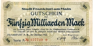 50.000.000.000 Mark (Local Issue / Frankfurt am Main Municipality / Weimar Republic 1923)  Banknote