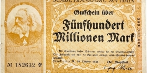 500.000.000 Mark (Local Issue / Frankfurt am Main Municipality / Weimar Republic 1923)  Banknote