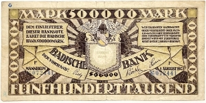 500.000 Mark (Regional Issue / Baden Note Issuing Bank - Weimar Republic 1923)  Banknote