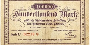 100.000 Mark (Local Issue / Heidelberg Municipality / Weimar Republic 1923)  Banknote