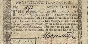 RHODE ISLAND 7 Dollars 1780 Banknote