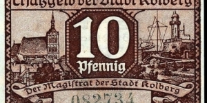 10 Pfennig notgeld City of Kolberg (now city in Poland Kołobrzeg) Banknote