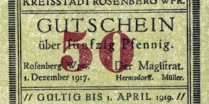 50 Pfennig notgeld - Rosenberg Banknote