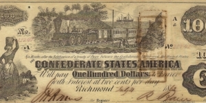 CONFEDERATE STATES OF AMERICA 100  Dollars 1862 Banknote