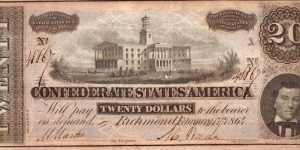 CONFEDERATE STATES OF AMERICA 20 Dollars 1864 Banknote