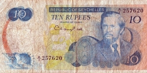 Seychelles N.D. (1976) 10 Rupees.

Sir James Mancham. Banknote