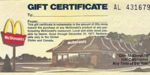 MCDONALDS 50 Cents 1976 (Gift Certificate) Banknote