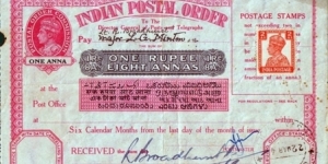 India 1944 1 Rupee & 8 Annas postal order.

Issued at Shillong (Assam). Banknote