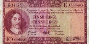 South Africa 1951 10 Shillings.

English on Top type. Banknote